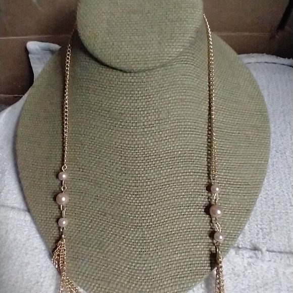 Goldtone necklace Earring set brown pink faux pearls chain multi layer - Picture 4 of 6